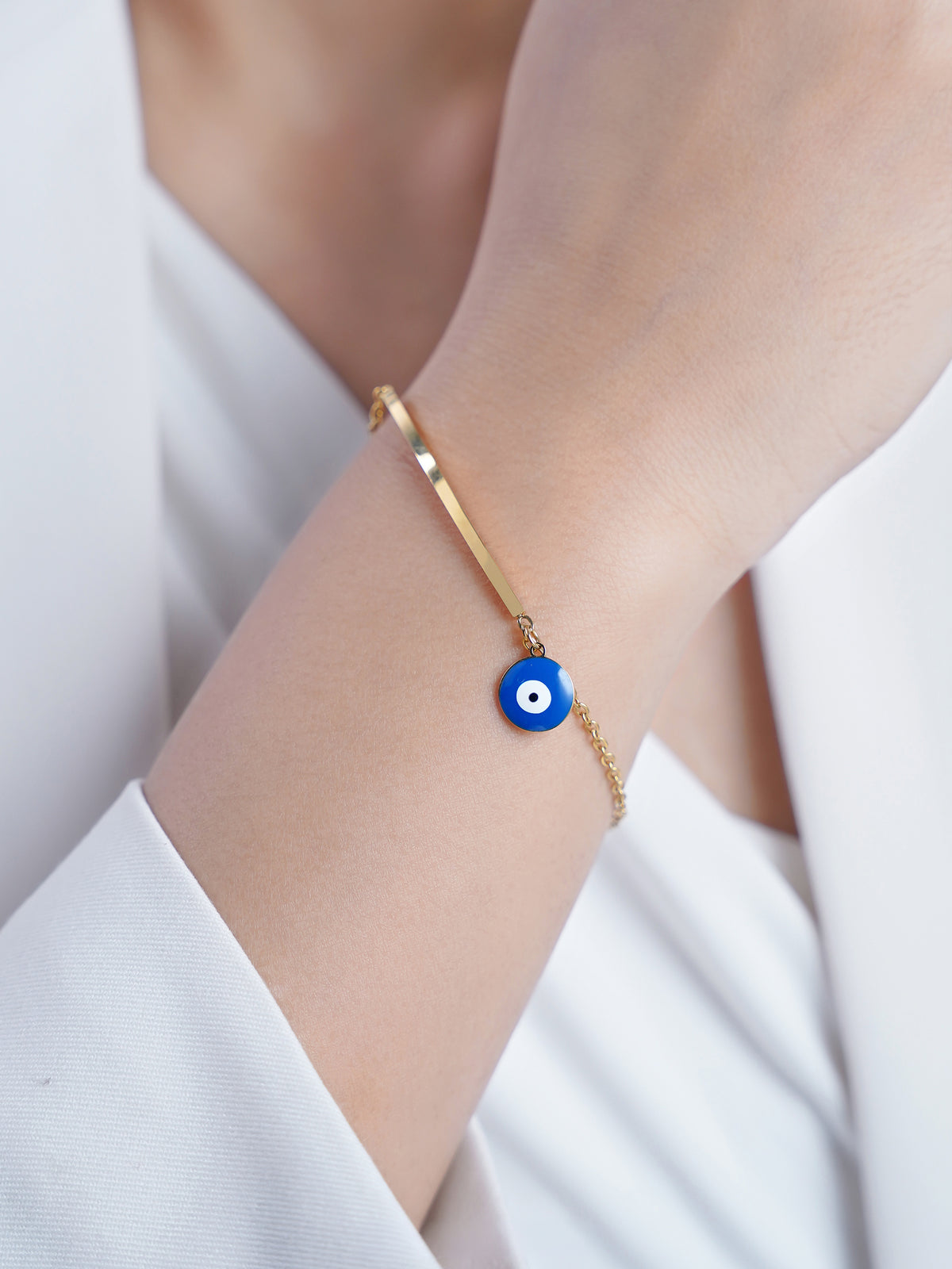 Evil Eye Blue Dangling 18K Gold Plated Bar Men's Bracelet