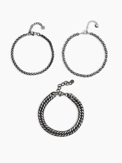 Evran Chain Beaded Silver-Black Men’s Bracelet Set - Swashaa
