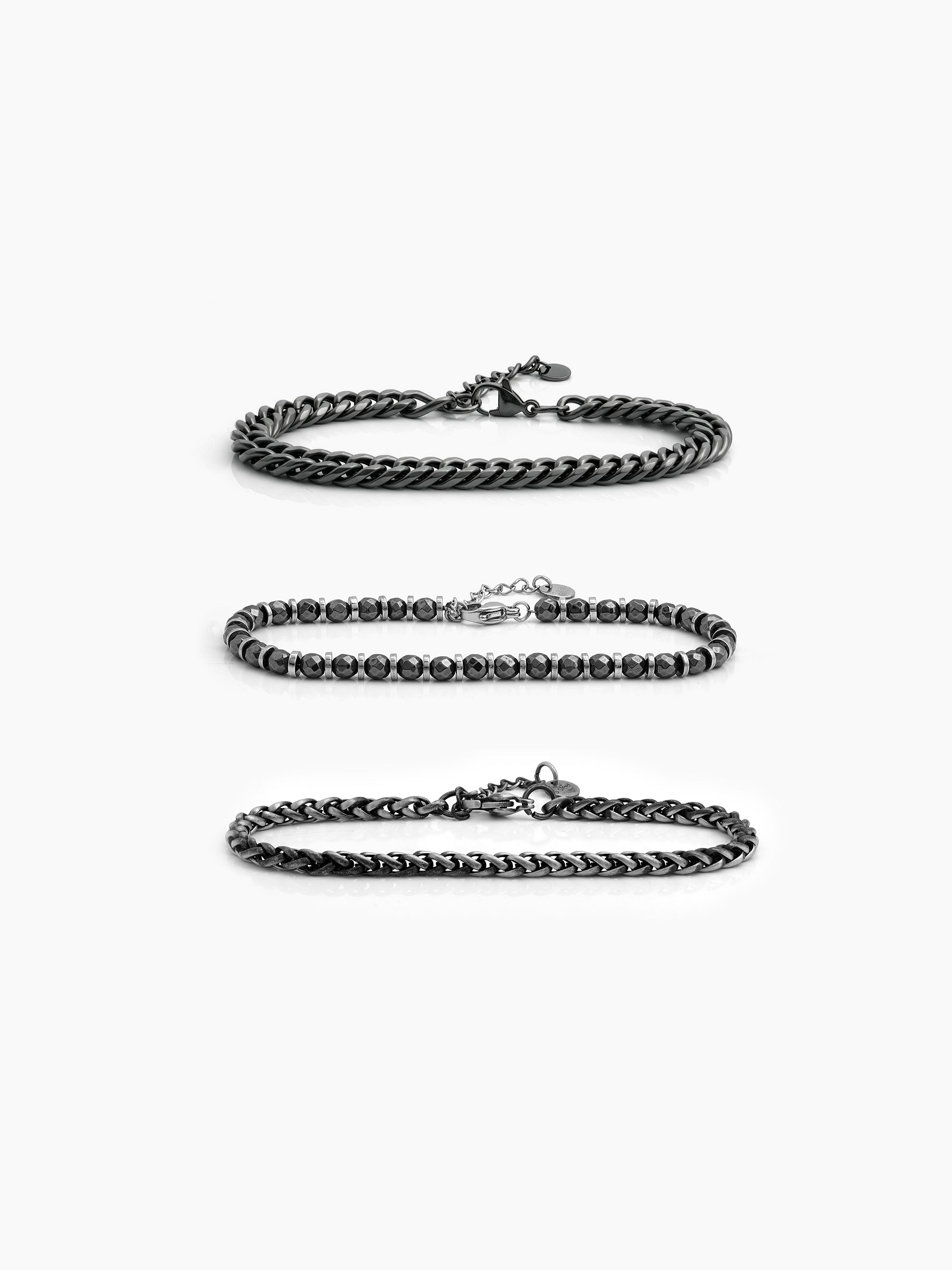 Evran Chain Beaded Silver-Black Men’s Bracelet Set - Swashaa