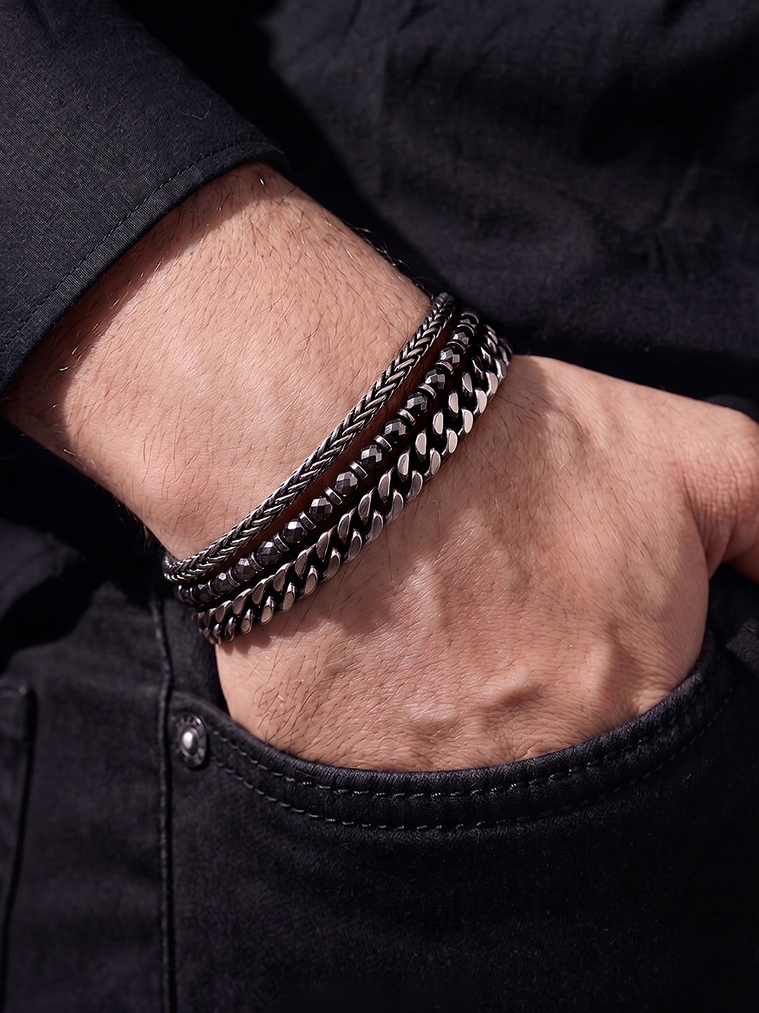 Evran Chain Beaded Silver-Black Men’s Bracelet Set - Swashaa