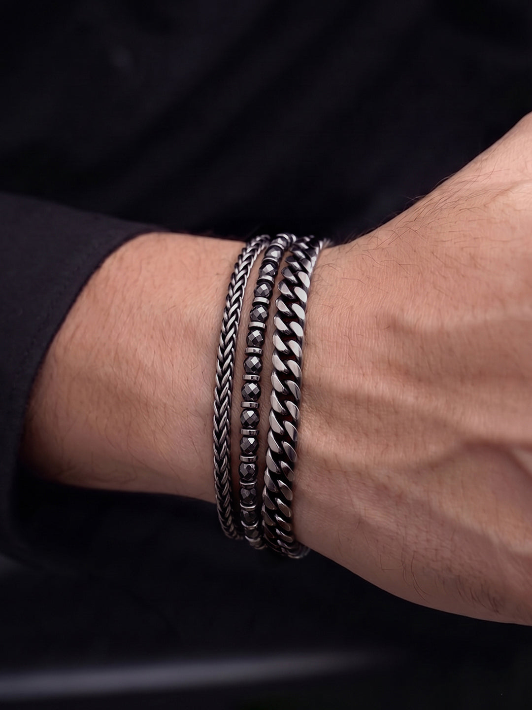 Evran Chain Beaded Silver-Black Men’s Bracelet Set - Swashaa