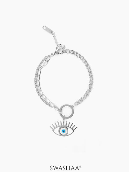Evil Eye Charm Layered Silver Loose Chain Bracelet