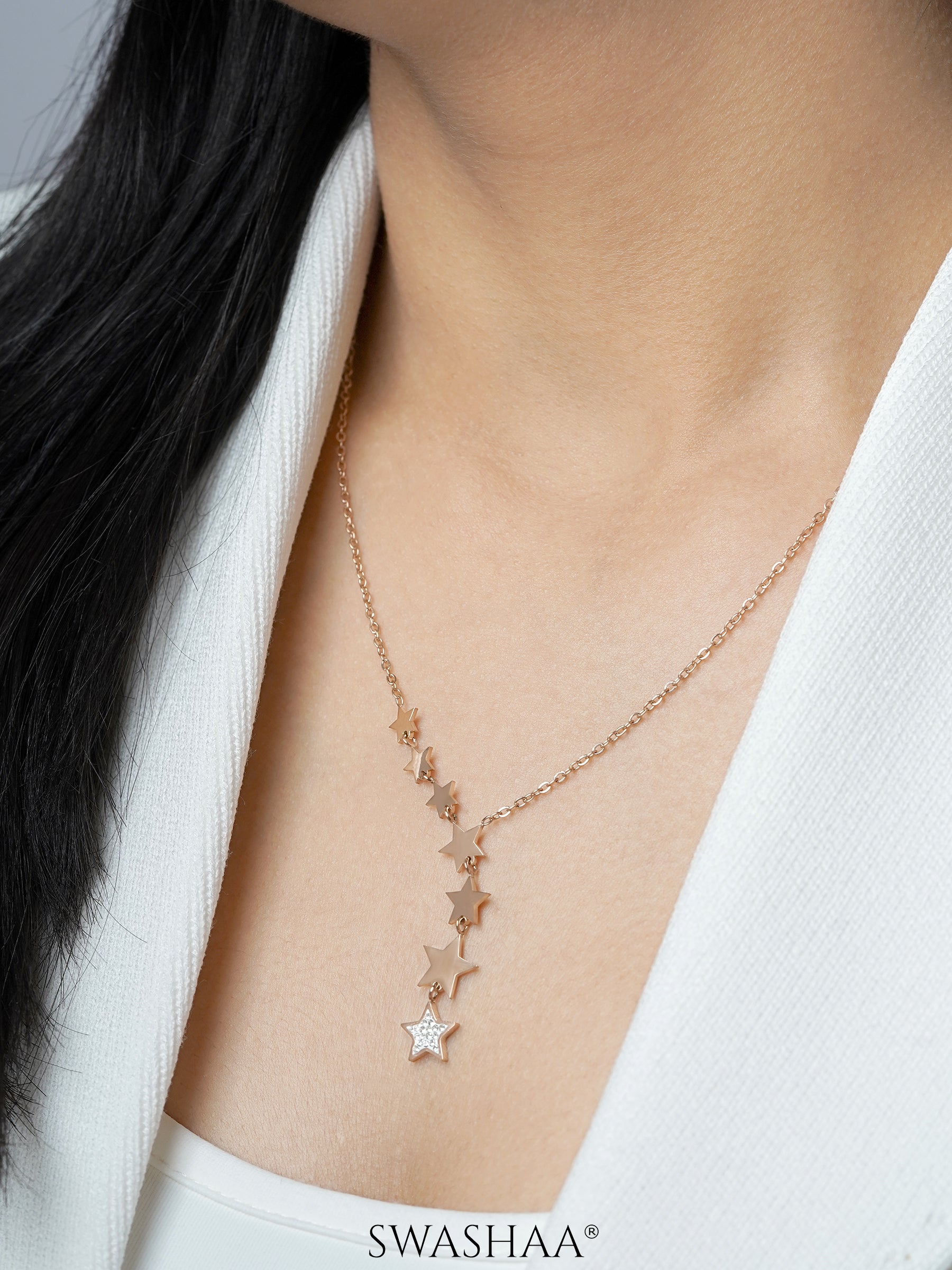 Fairy Stars Charms Y-Shaped Rosegold Plated Chain Pendant Necklace 