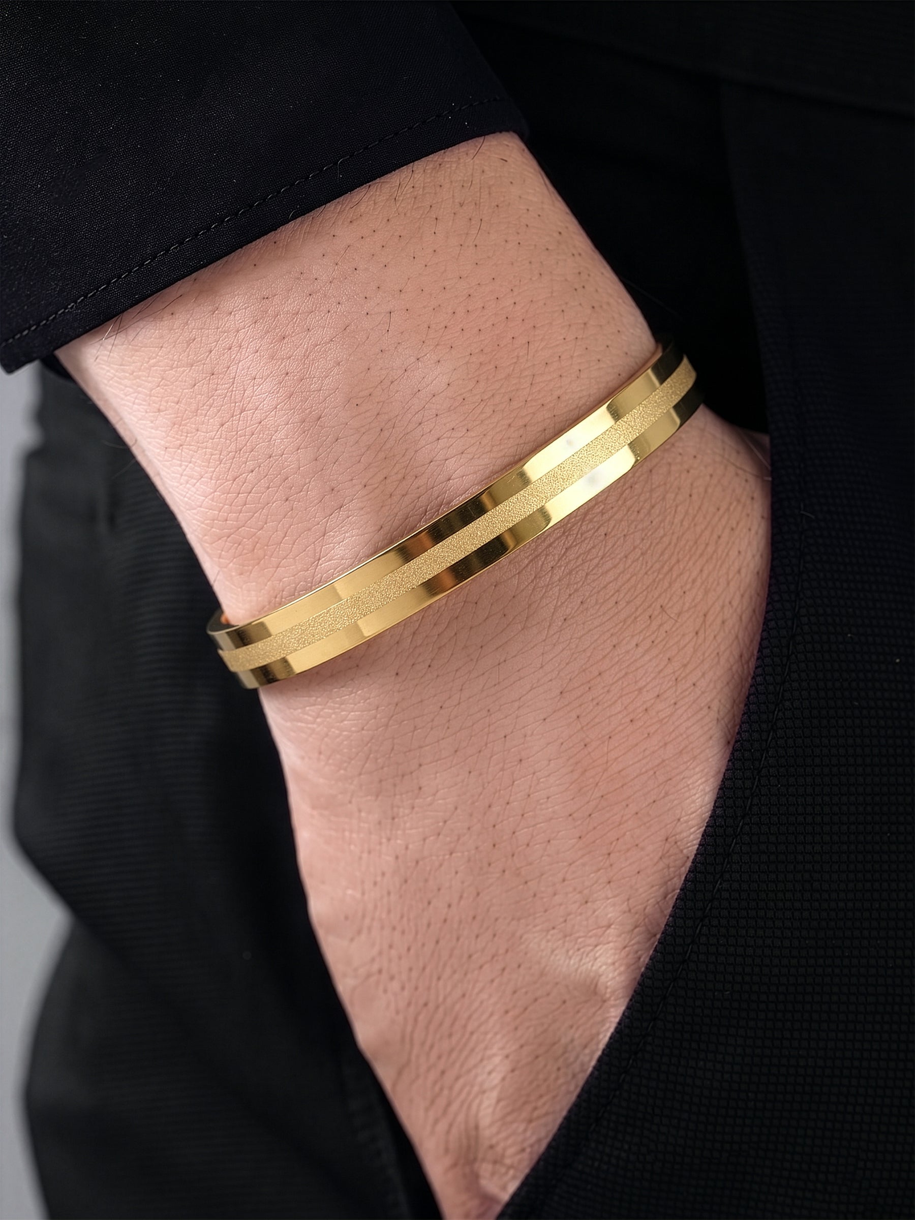 Felix line Textured 18K Gold Plated Men's Solid Band Bracelet  