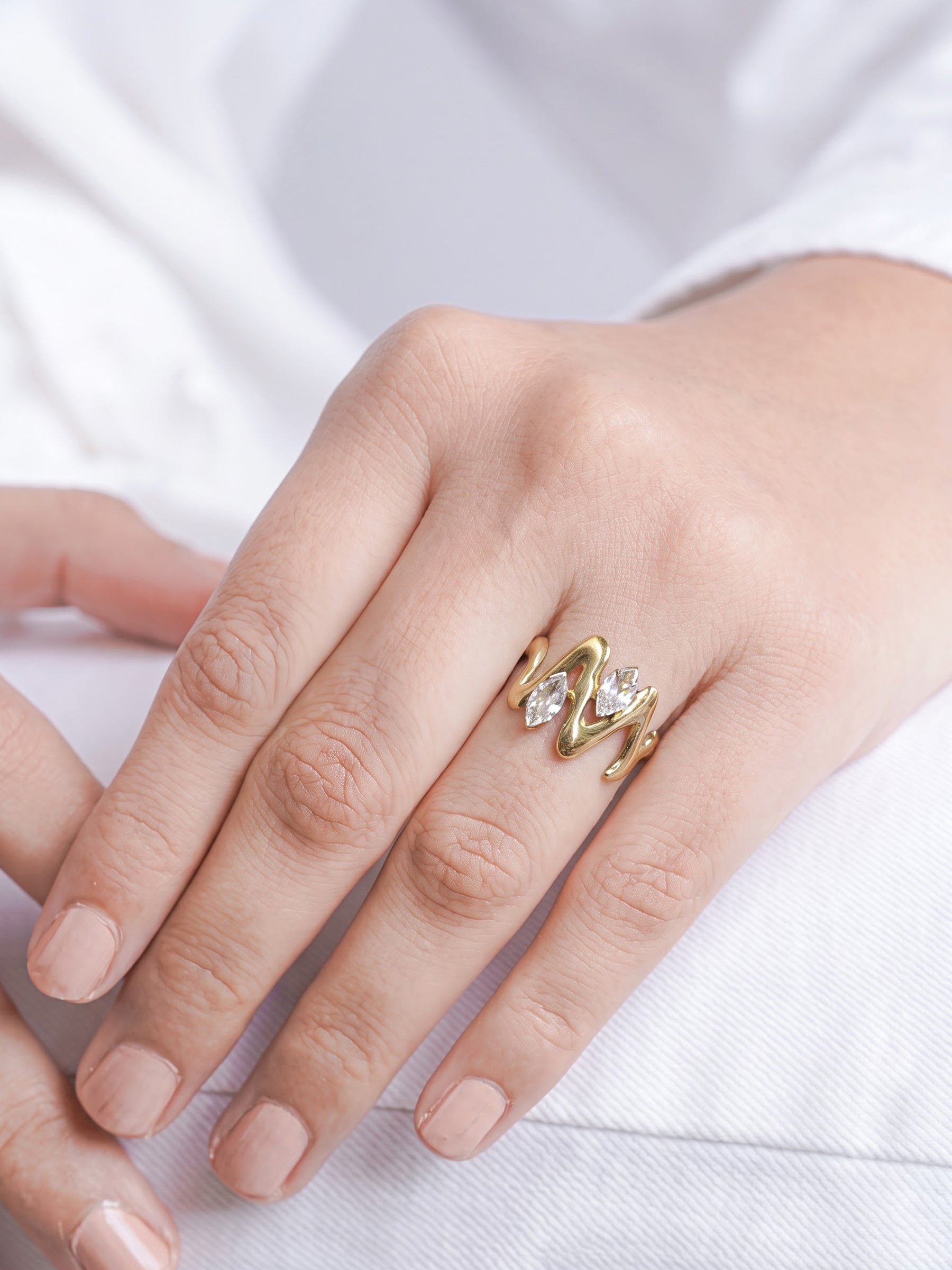 Fenella Diamond Solitaire Wave 18K Gold Plated Women's Ring