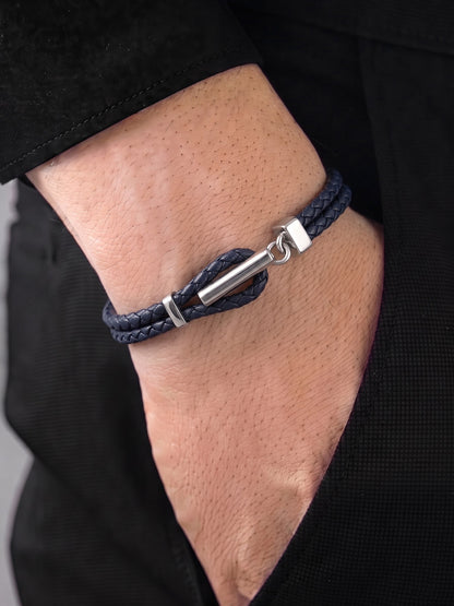 Fenric Navy Blue - Silver Men's Leather Bracelet
