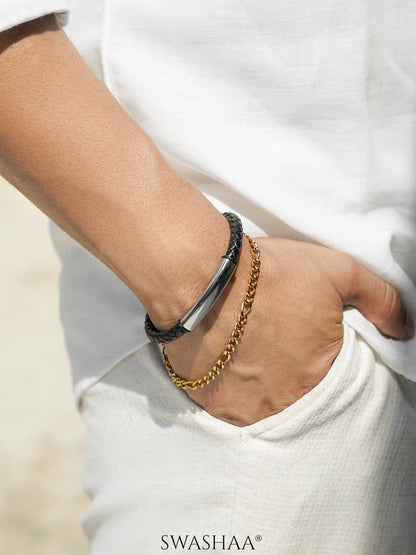 Figaro Chain Link 18K Gold Plated 5 MM Men's Bracelet, Dexter Braided Black Silver Bar Men's Leather Bracelet