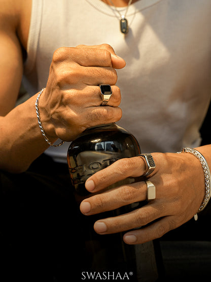 Torque Black Pave Diamond CZ Zircon Stones Rectangular Signet Band Men's Ring, Thorne Black Square Stone Signet Band Men's Ring, Vorn Matte Signet Rectangular Silver Band Men's Ring, Figaro Link Chain Silver 5 MM Men's Bracelet, Wheat Chain Silver 5 MM Men's Bracelet, Round Rope Chain Silver 4 MM Men's Bracelet