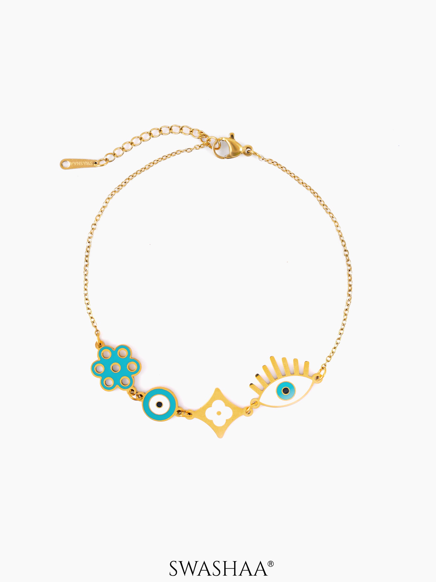 Finno Turqoise Evil Eye Clover Flower Charms 18K Gold Plated Loose Chain Bracelet