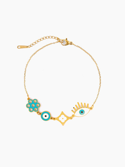 Finno Turqoise Evil Eye Clover Flower Charms 18K Gold Plated Loose Chain Bracelet