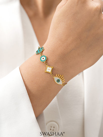 Finno Turqoise Evil Eye Clover Flower Charms 18K Gold Plated Loose Chain Bracelet