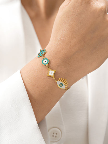 Finno Turqoise Evil Eye Clover Flower Charms 18K Gold Plated Loose Chain Bracelet