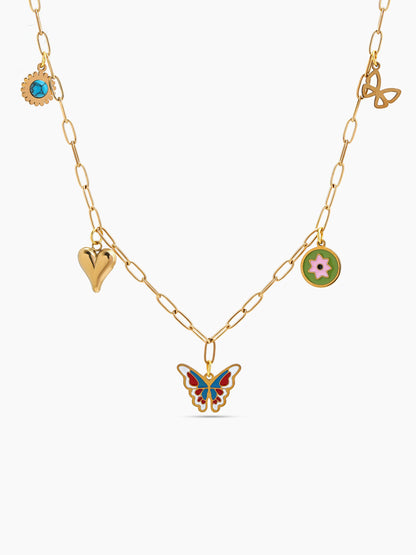 Finola Butterfly Heart Stonr Floral Charms 18K Gold Plated Women's Chain Pendant Necklaces