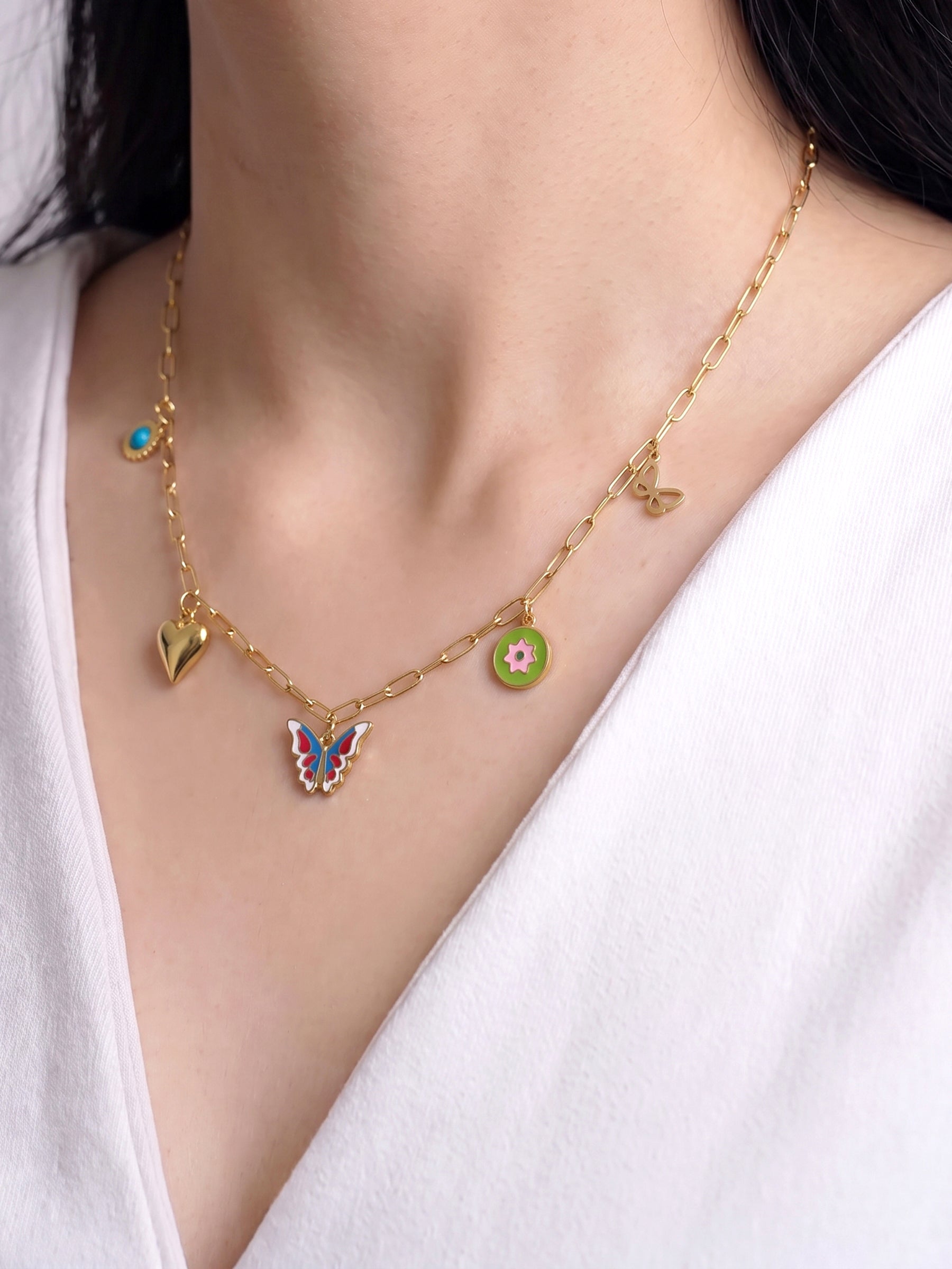 Finola Butterfly Heart Stonr Floral Charms 18K Gold Plated Women's Chain Pendant Necklaces