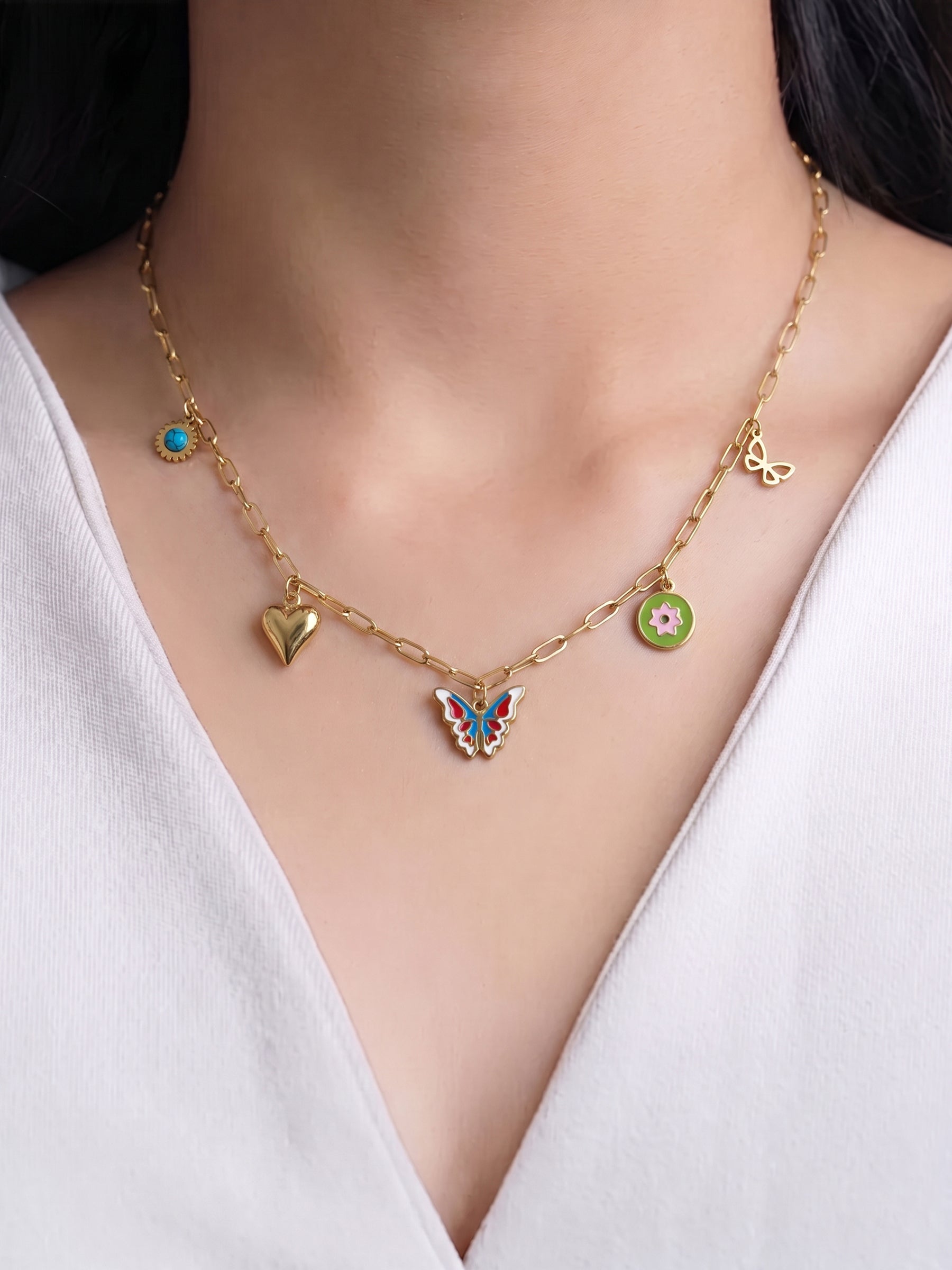 Finola Butterfly Heart Stonr Floral Charms 18K Gold Plated Women's Chain Pendant Necklaces