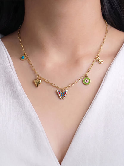 Finola Butterfly Heart Stonr Floral Charms 18K Gold Plated Women's Chain Pendant Necklaces
