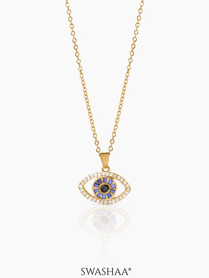 Fire & Ice Blue Diamond Evil Eye Charm 18K Gold Plated Necklace