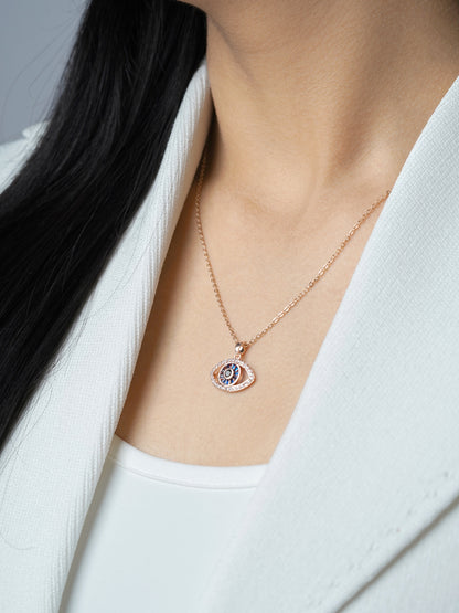 Fire & Ice Blue Diamond Evil Eye Charm Rosegold Plated Chain Necklace Pendant