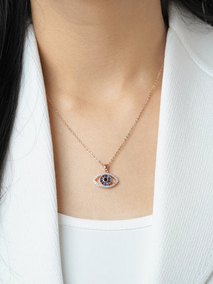 Fire & Ice Blue Diamond Evil Eye Charm Rosegold Plated Chain Necklace Pendant