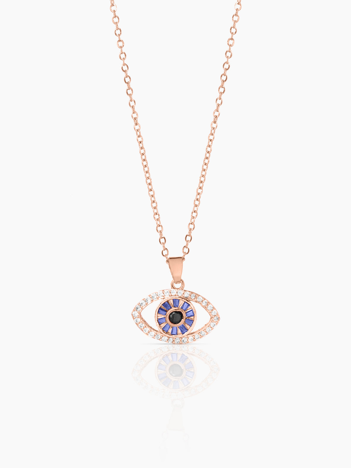 Fire & Ice Blue Diamond Evil Eye Charm Rosegold Plated Chain Necklace Pendant