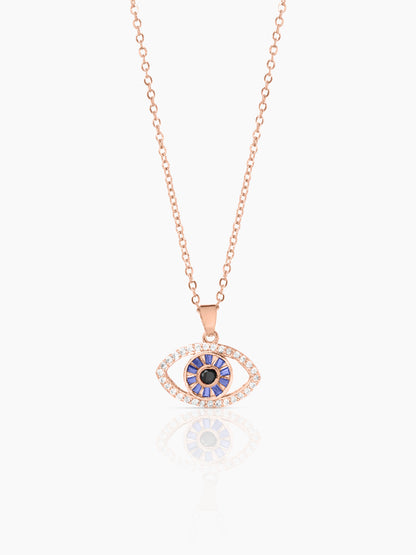 Fire & Ice Blue Diamond Evil Eye Charm Rosegold Plated Chain Necklace Pendant