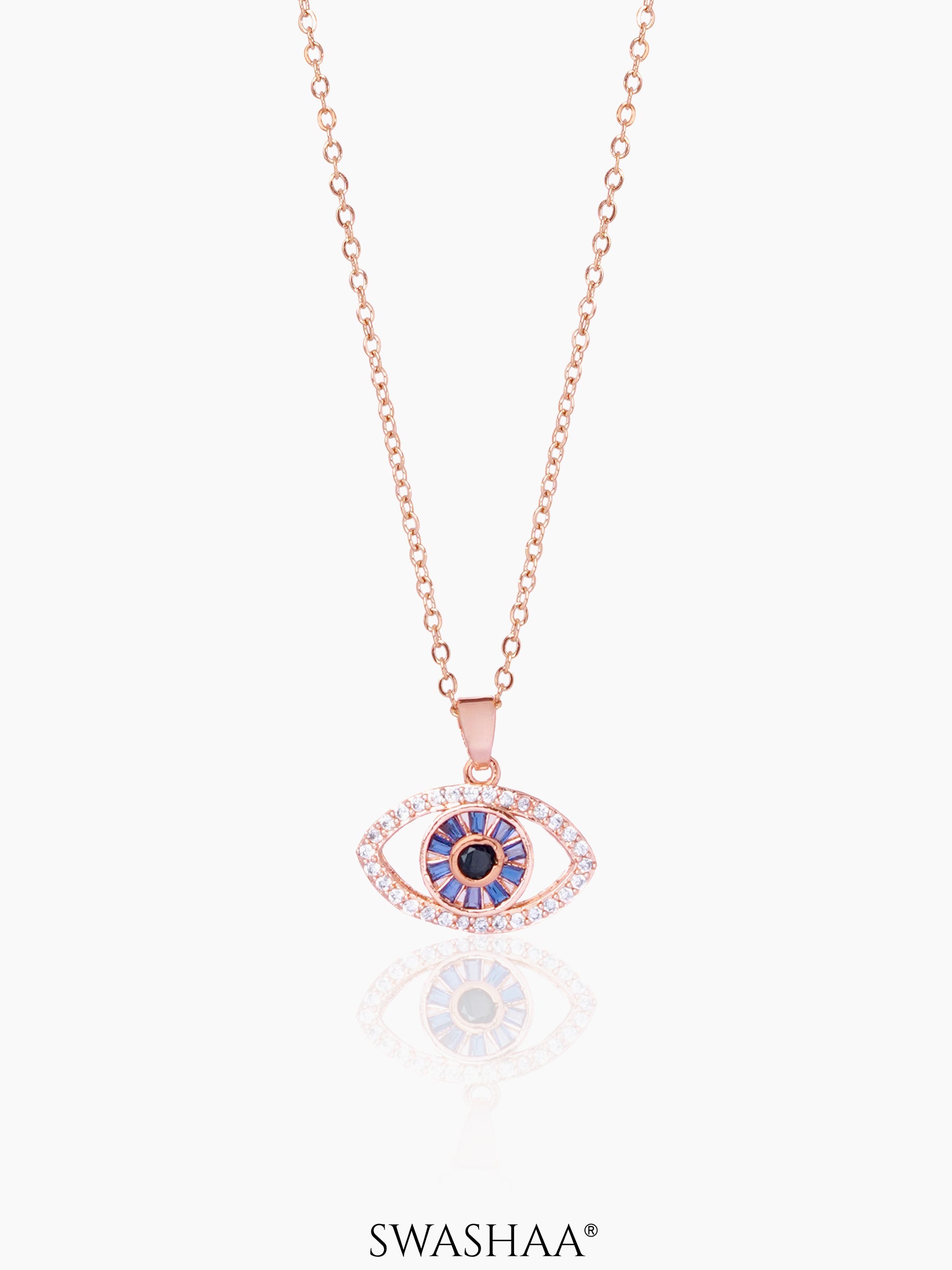 Fire & Ice Blue Diamond Evil Eye Charm Rosegold Plated Chain Necklace Pendant