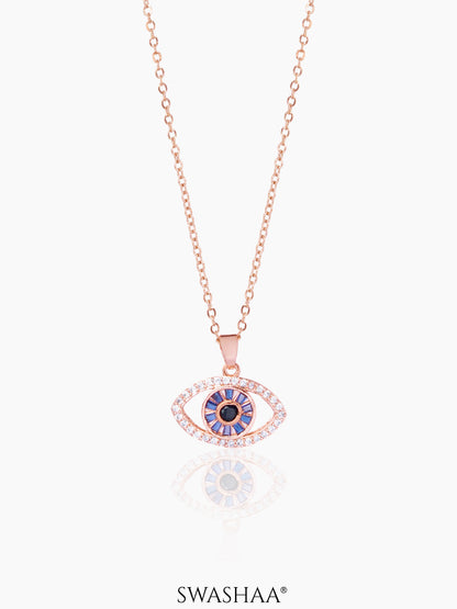 Fire & Ice Blue Diamond Evil Eye Charm Rosegold Plated Chain Necklace Pendant