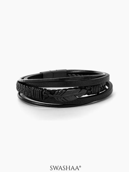 Floki Black Feather Charm Straps Layered Men's Leather Bracelet