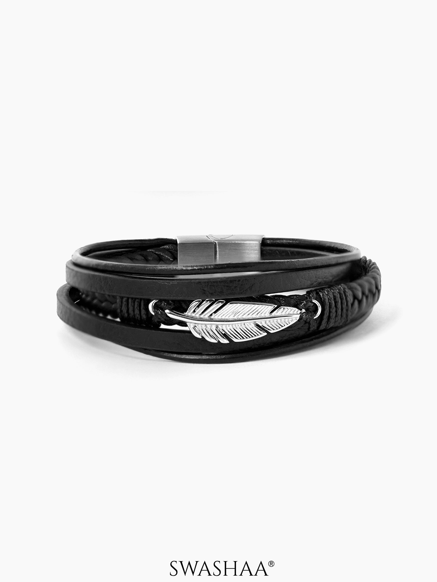 Floki Silver Feather Charm Straps Layered Men's Leather Bracelet