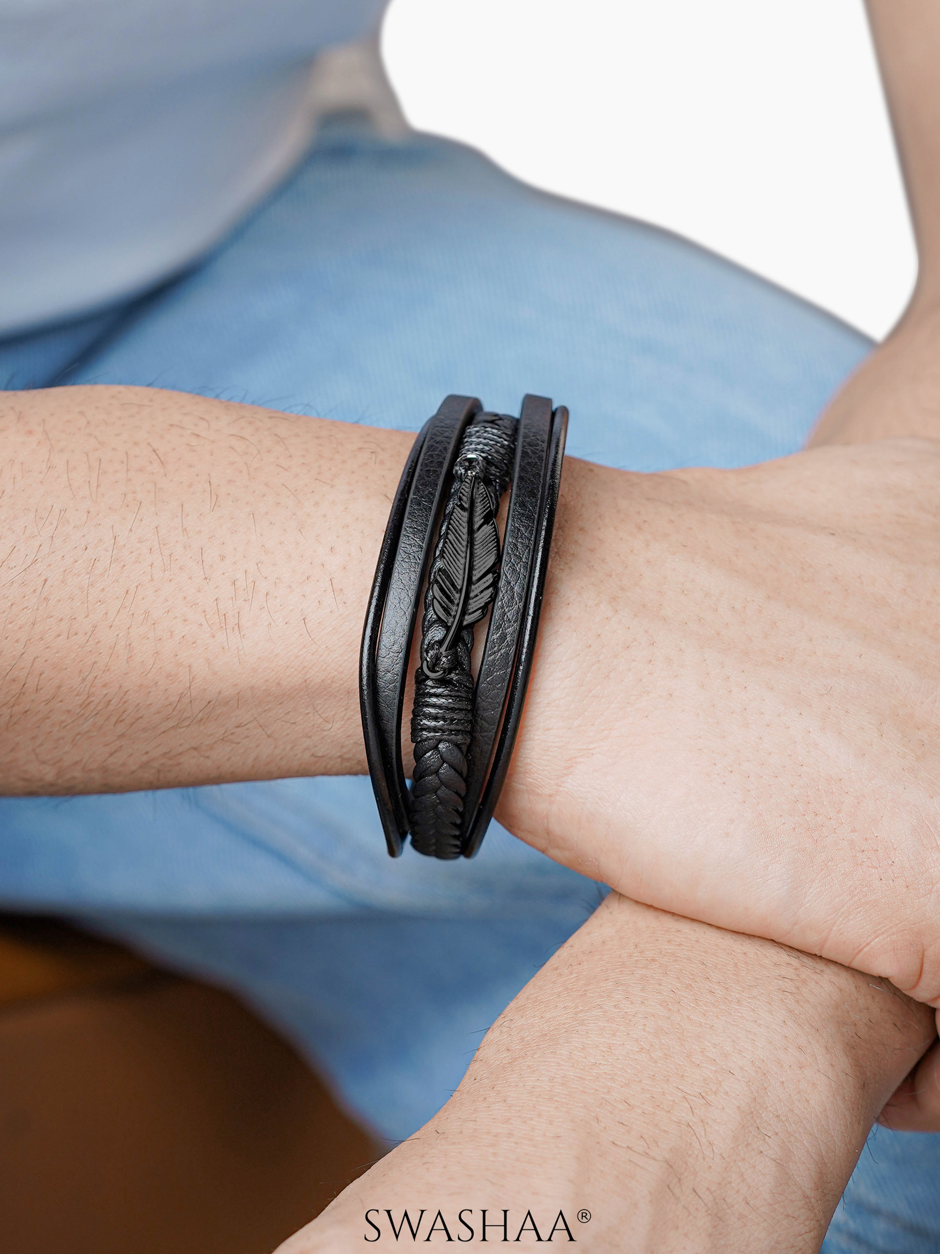 Floki Black Feather Charm Straps Layered Men's Leather Bracelet