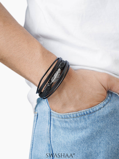 Floki Silver Feather Charm Straps Layered Men's Leather Bracelet
