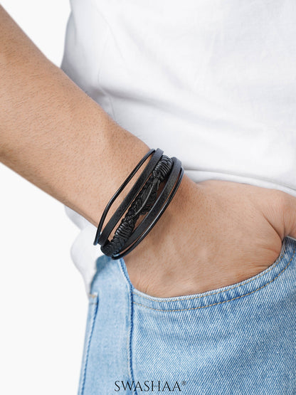 Floki Black Feather Charm Straps Layered Men's Leather Bracelet