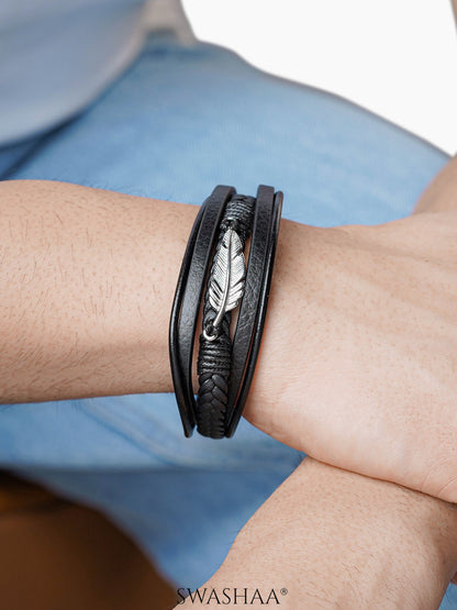 Floki Silver Feather Charm Straps Layered Men's Leather Bracelet