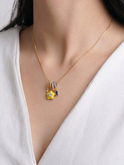 Flore Yellow Fower With A Star, Teardrop Bue Stone Charms 18K Gold Plated Chain Pendant