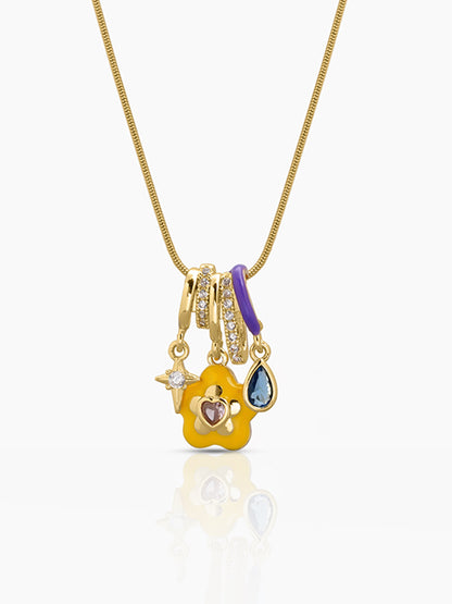 Flore Yellow Fower With A Star, Teardrop Bue Stone Charms 18K Gold Plated Chain Pendant