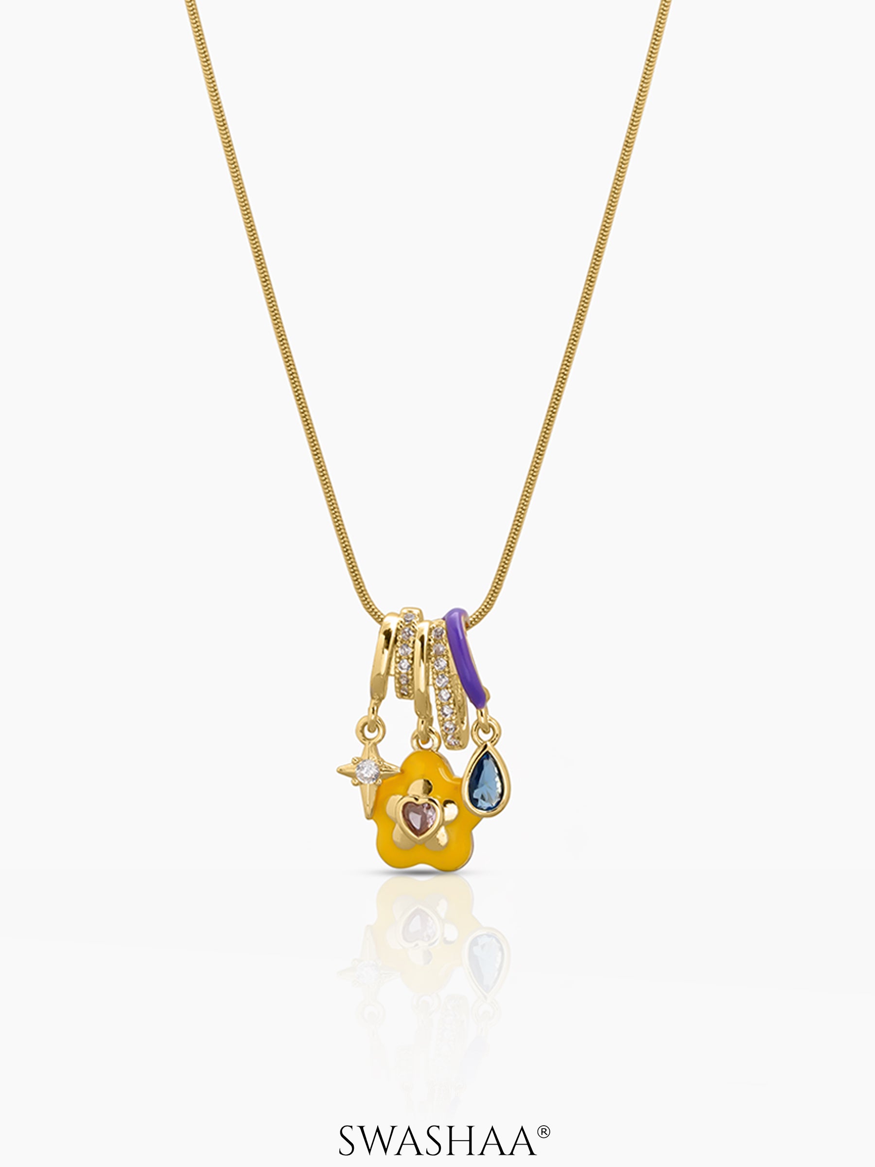 Flore Yellow Fower With A Star, Teardrop Bue Stone Charms 18K Gold Plated Chain Pendant