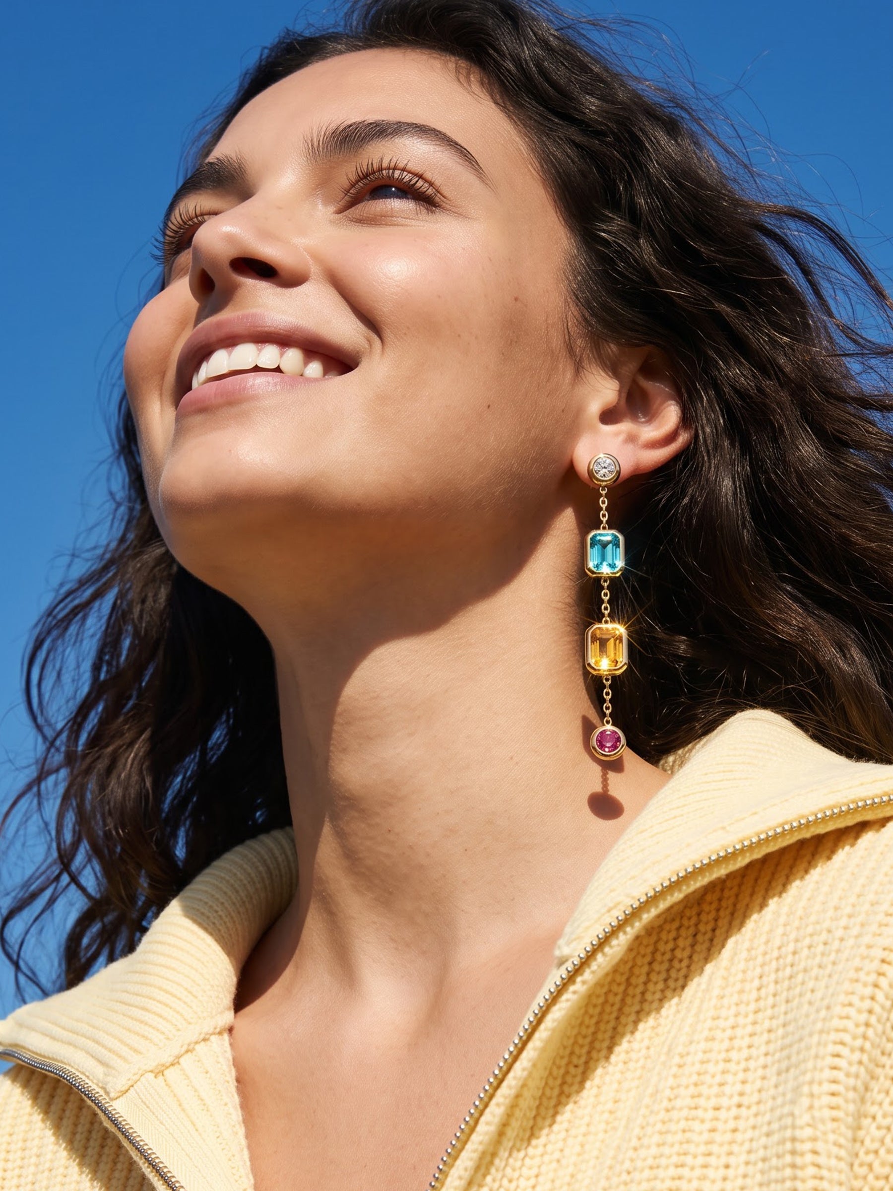Florence Multi Blue, Yellow, Pink Diamond 18K Gold Plated Women's Dangling Earrings