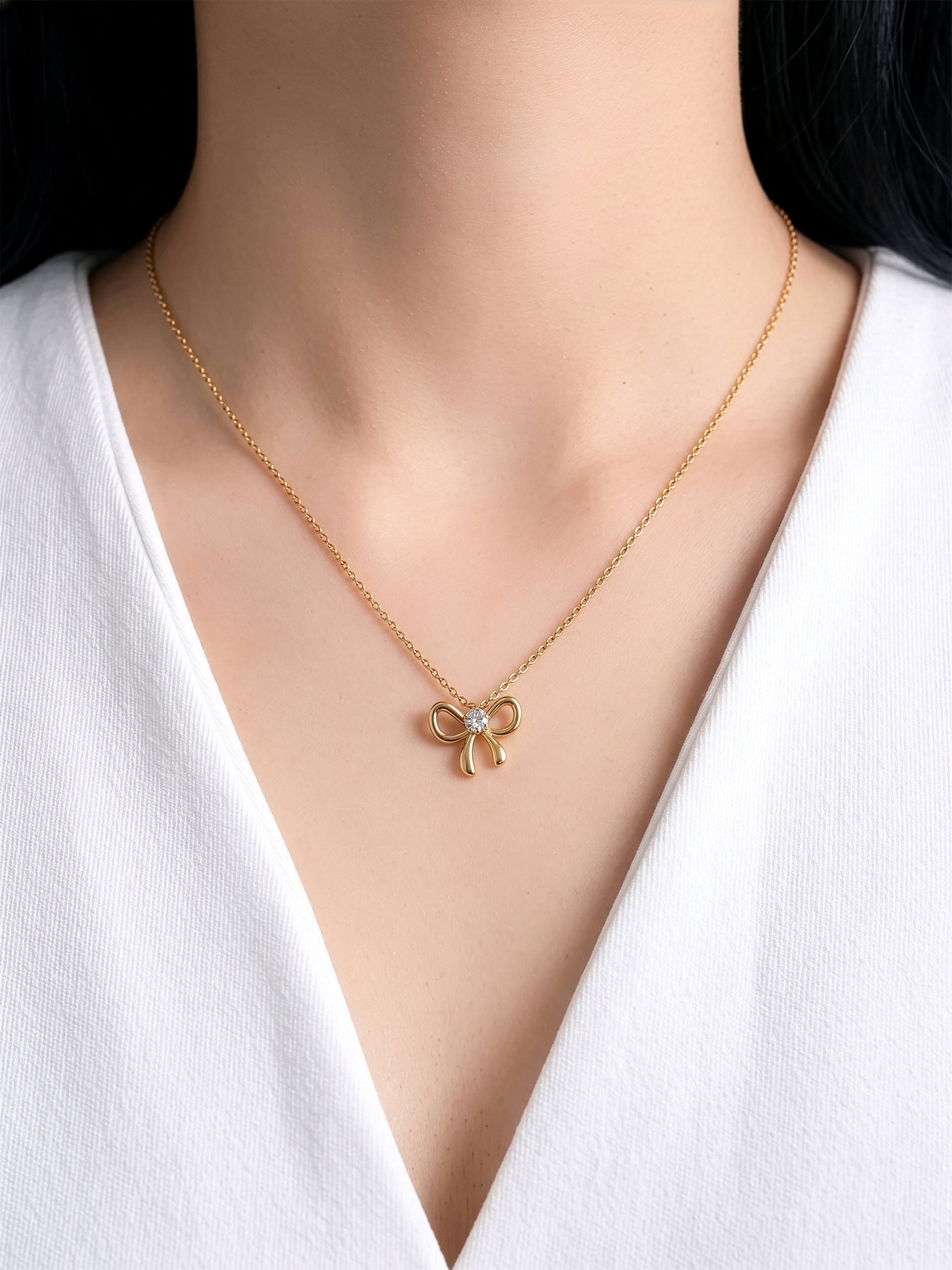 Florina Bow Charm Heart Diamond Solitaire 18K Gold Plated Women's Necklace