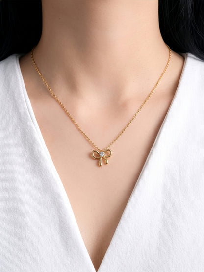 Florina Bow Charm Heart Diamond Solitaire 18K Gold Plated Women's Necklace