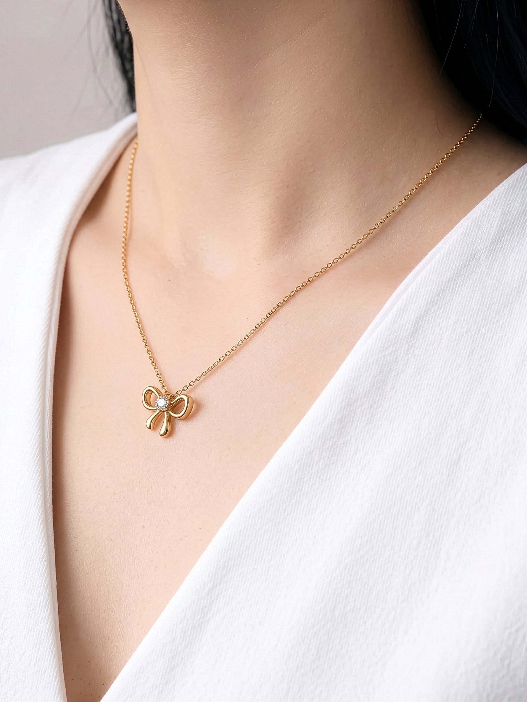 Florina Bow Charm Heart Diamond Solitaire 18K Gold Plated Women's Necklace