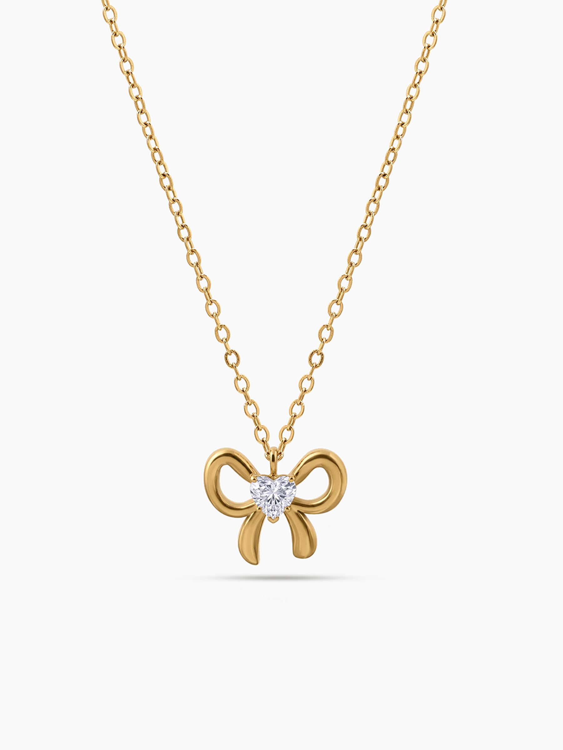 Florina Bow Heart Charm Diamond Solitaire 18K Gold Plated Women's Chain Pendant Necklace