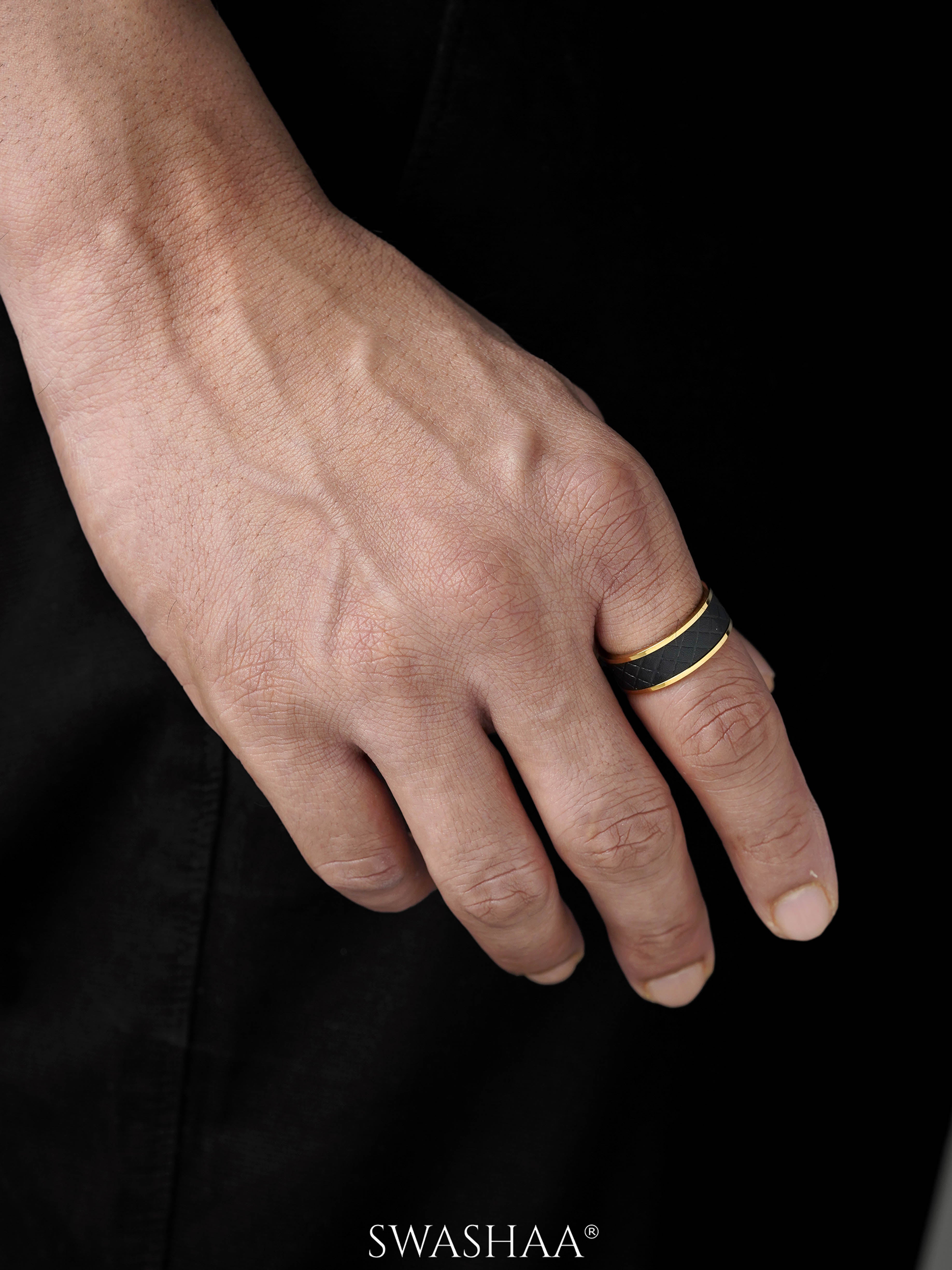 Fred Leather Black 18K Gold Plated Band Men's Ring