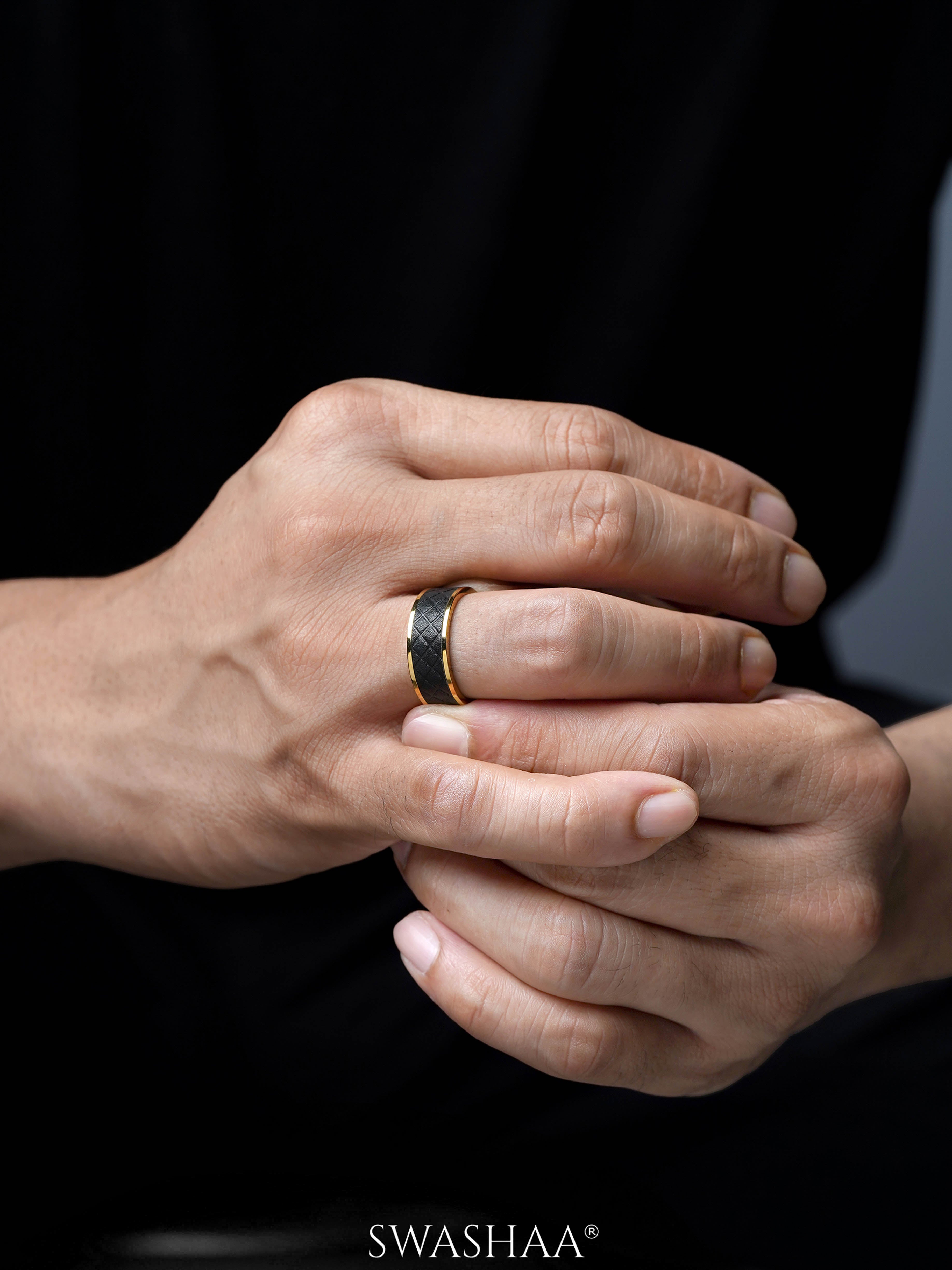 Fred Leather Black 18K Gold Plated Band Men's Ring