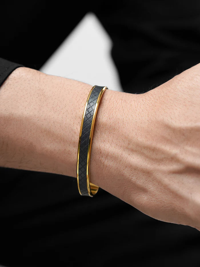 Fred Leather Teaxtured Strip 18K Gold Plated Men's Bracelet