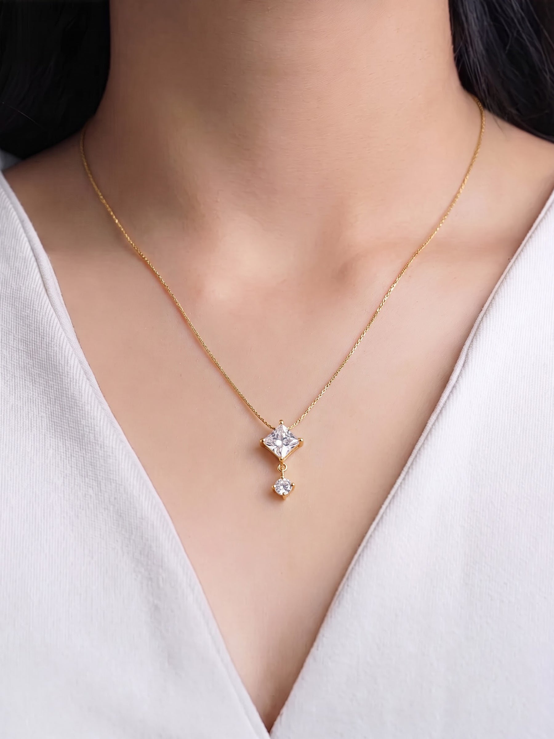 Fresia Square Solitaire drop 18K Gold Plated Women's Chain Pendant Necklace