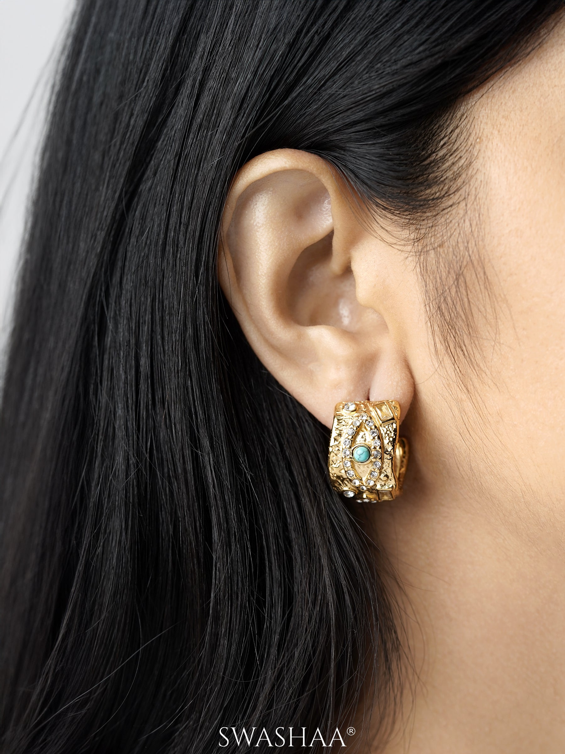 Fulvia Turquoise Beads Crystal Studded Eye Motifs 18K Gold Plated Hoop Earrings