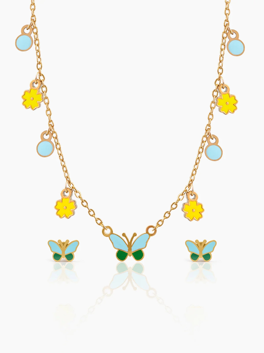 Furry Butterfly & Flower Floral  Charms Kid's Jewelry Set Of 2  Necklace & Stud Earrings