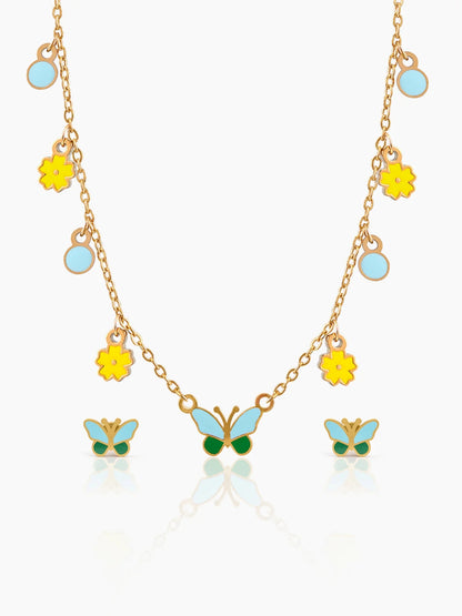 Furry Butterfly & Flower Floral  Charms Kid's Jewelry Set Of 2  Necklace & Stud Earrings