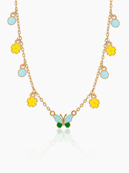 Furry Butterfly & Flower Chamrs 18K Gold Plated Kid's Necklace