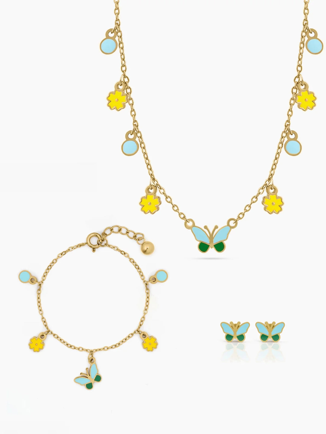 Furry Butterfly and Flower Floral Charms Kid's Jewelry Set Of 3 - Necklace, Charms Bracelet & Stud Earrings